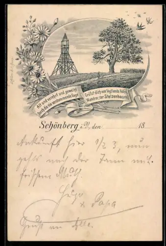 Lithographie Schönberg i. V., Partie am Stelzenbaum mit Margheriten im Passepartout