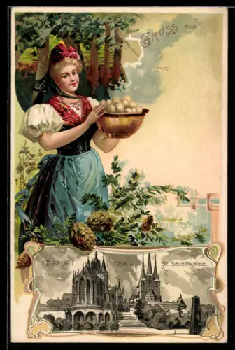 Passepartout-Lithographie Erfurt, Dom & St. Severikirche, Frau mit Weisswürsten