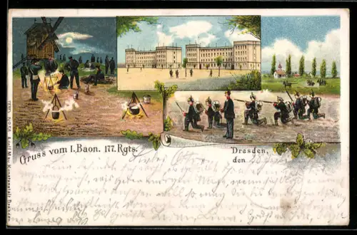 Lithographie Dresden, I. Baon. 177. Rgts., Soldaten in Uniform vor einer Mühle und im Feld