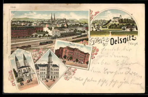 Lithographie Oelsnitz i. Voigtl., Kirche, Voigtsberg, Neue Schule, Gesamtansicht