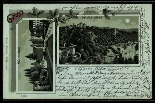 Mondschein-Lithographie Warmbad, Strassenpartie mit Gebäudeansicht, Wolkenstein