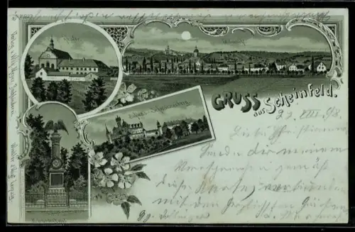 Mondschein-Lithographie Scheinfeld, Totalansicht, Kloster, Schloss Schwarzenberg und Kriegerdenkmal