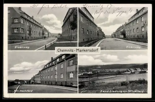 AK Chemnitz-Markersdorf, Partien im Eisenweg und Teilansicht der Rand-Siedlung am Hähnelberg