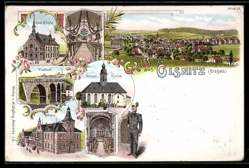 Lithographie Oelsnitz / Erzg., Rathaus, Viadukt, Kath. Kirche, Bergmann