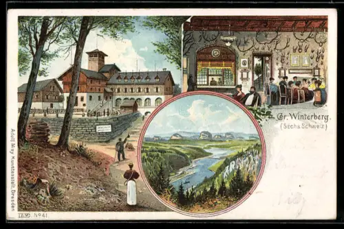 Lithographie Bad Schandau, Hotel Gr. Winterberg, Innenansicht und Panorama