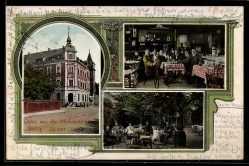 AK Dölitz /Leipzig, Gaststätte Obstweinschänke mit Gartenpartie u. Innenansicht mit Gästen