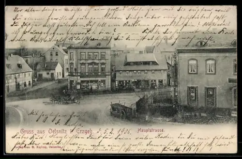 AK Oelsnitz i. E., Hauptstrasse, Kreuzung mit Geschäften aus der Vogelschau, Kutsche