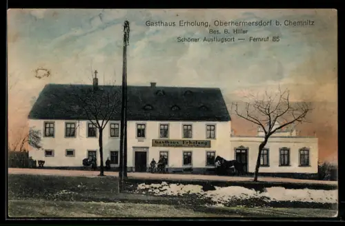 AK Oberhermersdorf /Chemnitz, Gasthjaus Erholung B. Hiller, Innenansicht mit Strasse, Kinderwagen, Pferd