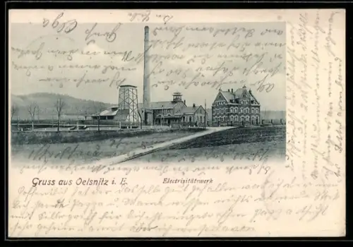 AK Oelsnitz i. E., Electrizitätswerk, Gesamtansicht mit Strasse, Panorama
