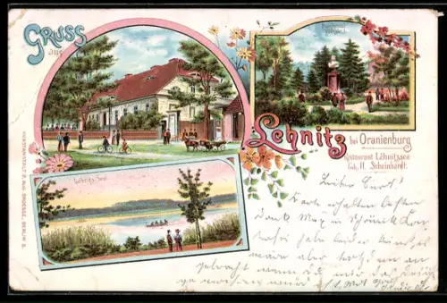 Lithographie Lehnitz, Blick über den Lehnitzsee, Denkmal Wilhelm I.