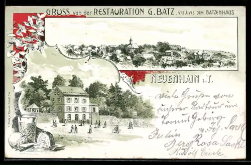Lithographie Neuenhain i. T., Gasthaus Restauration G. Batz, Brotzeit-Stilleben, Ortsansicht