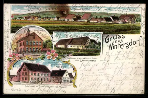 Lithographie Wintersdorf, Gasthaus zum weissen Ross Lämmermann, Gasthaus z. gold. Hirsch Mejer, Ortsansicht