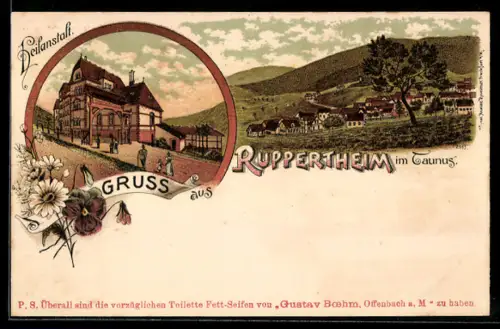 Lithographie Ruppertshain i. T., Heilanstalt, Ortsansicht mit Bergpanorama