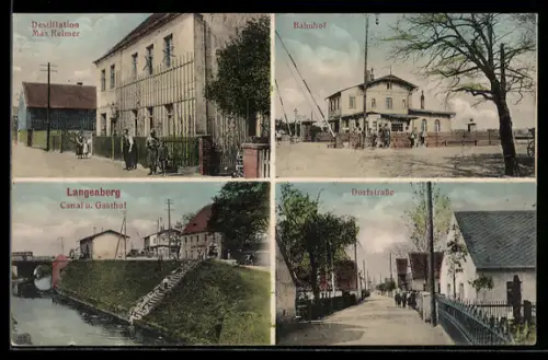 AK Langenberg, Gasthof Destillation Max Reimer, Bahnhof, Canal u. Gasthof