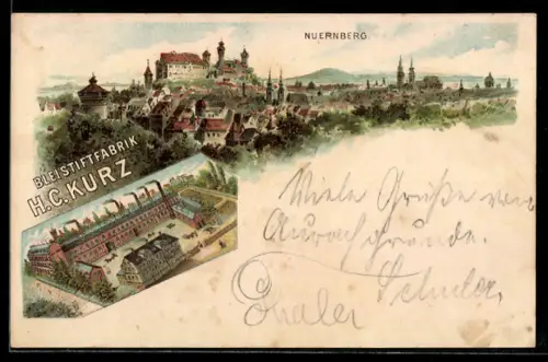 Lithographie Nürnberg, Bleistiftfabrik H. C. Kurz aus der Vogelschau, Stadtansicht