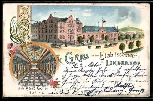 Lithographie Hof i. B., Gaststätte Linderhof H. Goller, Innenansicht, Strassenkeruzung