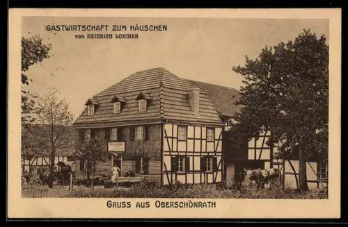 AK Rösrath, Oberschönrath, Gasthaus zum Häuschen H. Lohmar, Gartenansicht mit kleiner Versammlung, Kuh, Pferde