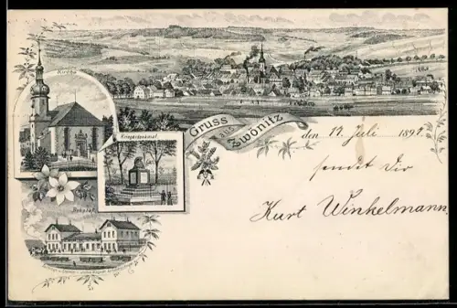 Lithographie Zwönitz, Bahnhof, Kriegerdenkmal, Kirche, Gesamtansicht