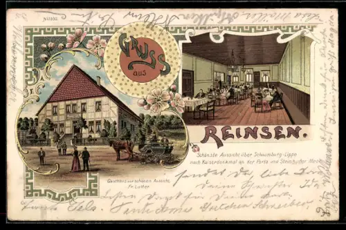 Lithographie Reinsen, Gasthaus zur schönen Aussicht, Fr. Lutter, Innenansicht