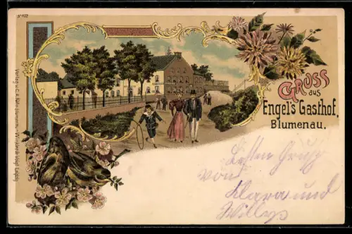 Lithographie Blumenau, Strassenpartie bei Engel`s Gasthof