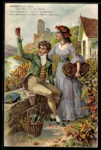 Lithographie Liebespaar mit Trauben und Wein