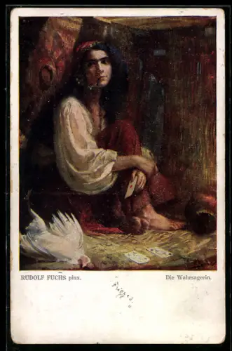 Künstler-AK Rudolf Fuchs: Kartenaufschlägerin, in Volkstracht mit Pfeife im Mund