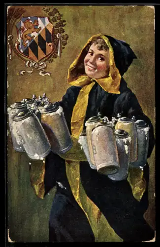AK Münchner Kindl bringt frisch gefüllte Bierkrüge, Wappen