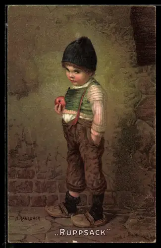 Künstler-AK Hermann Kaulbach: schüchterner Junge mit einem Apfel in der Hand