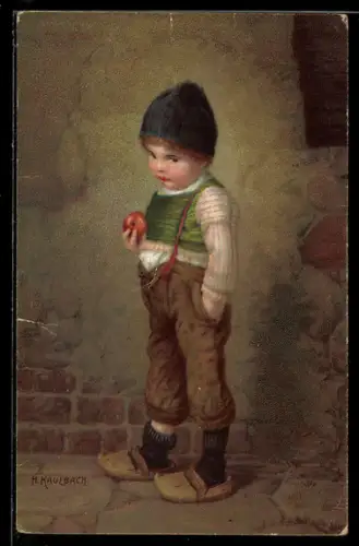 Künstler-AK Hermann Kaulbach: schüchterner Junge mit einem Apfel in der Hand