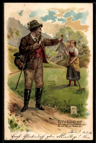 AK Wie hat es Gott so schön gemacht, Wanderer grüsst Bauenmädchen