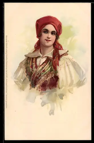 Künstler-AK Meissner & Buch (M&B) Serie 1139: Nationaltrachten, Frau mit rotem Kopftuch