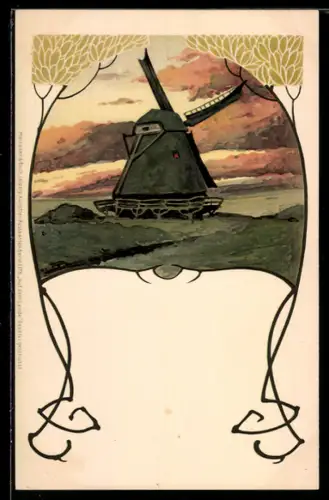 Lithographie Auf dem Lande, Windmühle, Jugendstil-Zierrahmen