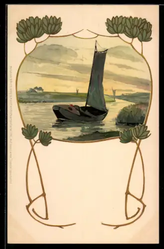 Künstler-Lithographie Meissner & Buch (M&B) Nr. 1176: Segelboot fährt auf einem Fluss