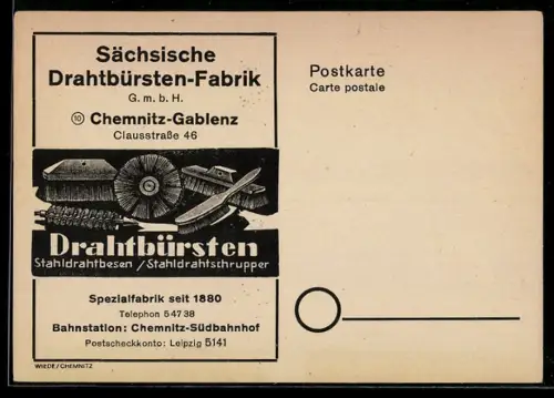 Künstler-AK Chemnitz-Gablenz, Sächsische Drahtbürsten-Fabrik - Bürsten