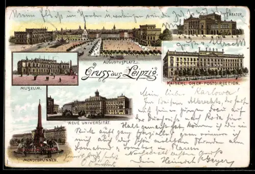 Lithographie Leipzig, Augustusplatz, Neue Universität, Mendebrunnen, kaiserl. Ober-Postdirection