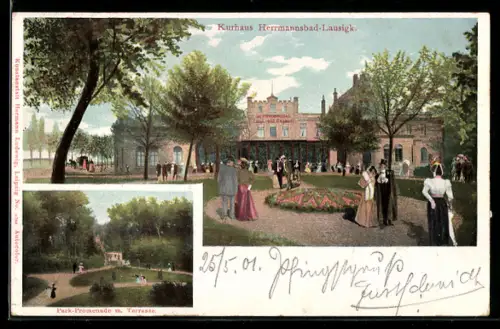 AK Lausigk, Hermannsbad, Kurhaus, Park-Promenade mit Terrasse
