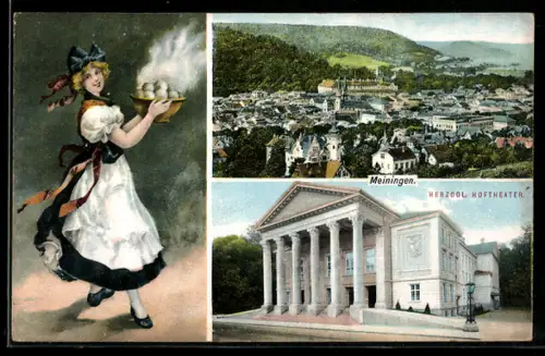AK Meiningen, Herzogl. Hoftheater, Gesamtansicht, Kellnerin in Tracht serviert Knödel