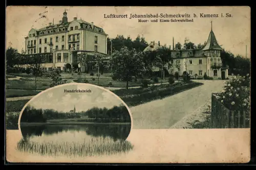 AK Johannisbad Schmeckwitz b. Kamenz i. Sa., Anlagen vor dem Moor- und Eisen-Schwefelbad, Uferpartie am Handricksteich