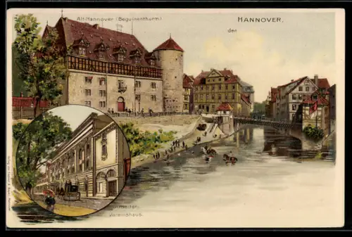 Lithographie Hannover, Beguinenthurm in der Altstadt, Arbeiter-Vereinshaus