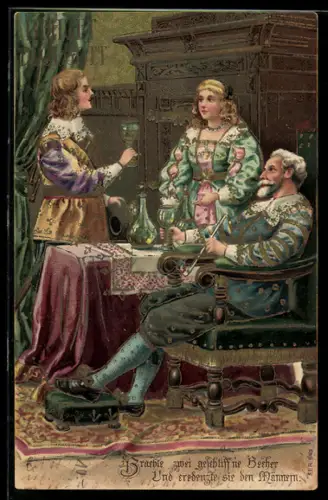 Lithographie Behüt Dich Gott! Fräulein credenzt Männern den Wein