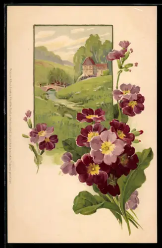 Künstler-AK Meissner & Buch (M&B) Nr.1162: Frühlings-Erwachen, Idylle im Grünen mit Blick zur Brücke, Blumen