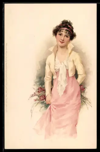 Künstler-AK M. S. M.: wunderschönes Fräulein mit Haarband und Blumen