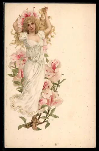 Künstler-AK M. S. M.: Blonde Schönheit umgeben von Blumen