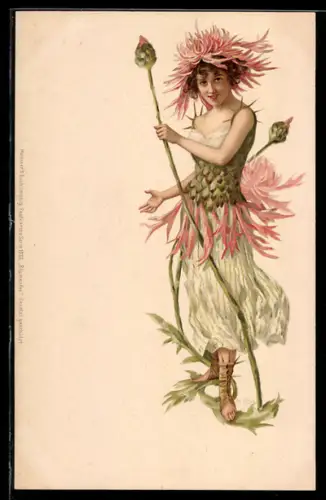 AK Mädchen verkleidet sich als Blumenblüte, Jugendstil