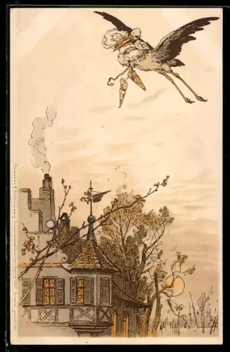 AK Storch bringt Baby, Haus am Abend