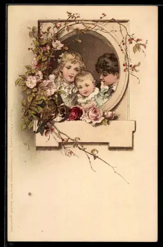 Künstler-AK Meissner & Buch (M&B) Nr. 1001: Kinder am Fenster betrachten Blumen und Vögel, Mutterglück