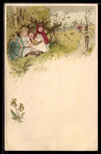 Künstler-AK Meissner & Buch (M&B) Nr. 1001: Kinder verstecken sich vor Regen unter einem Baum