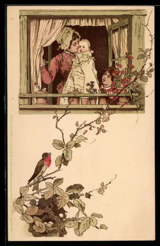 Künstler-AK Meissner & Buch (M&B): Frau mit Kindern an einem Fenster, unter dem ein Domspatz singt