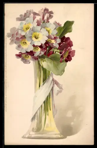 Lithographie Jugendstil-Vase mit Blumen
