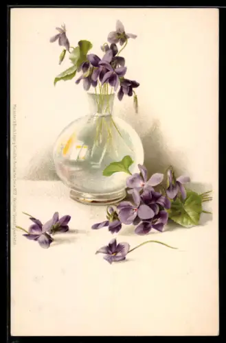 AK Veilchen in und vor einer Glasvase